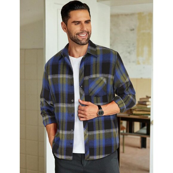 Men's Blue Flannel Plaid Shirts Long Sleeve Button Down Casual Fall Shirt - Picture 2 of 6